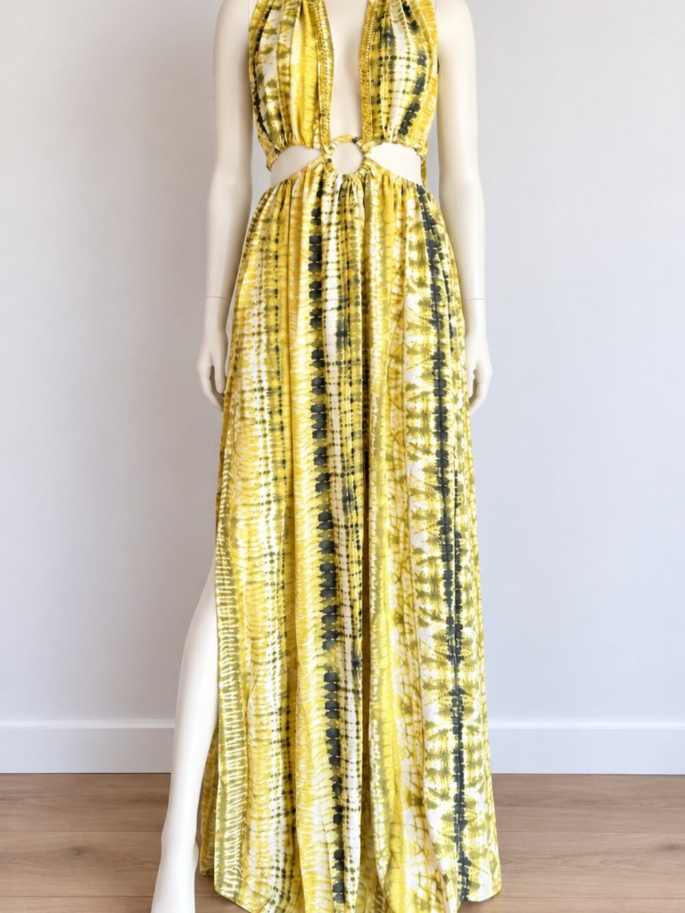 Yellow Tie Dye O-Ring Cutout Gold Belted Double Slit Maxi Dress Size L